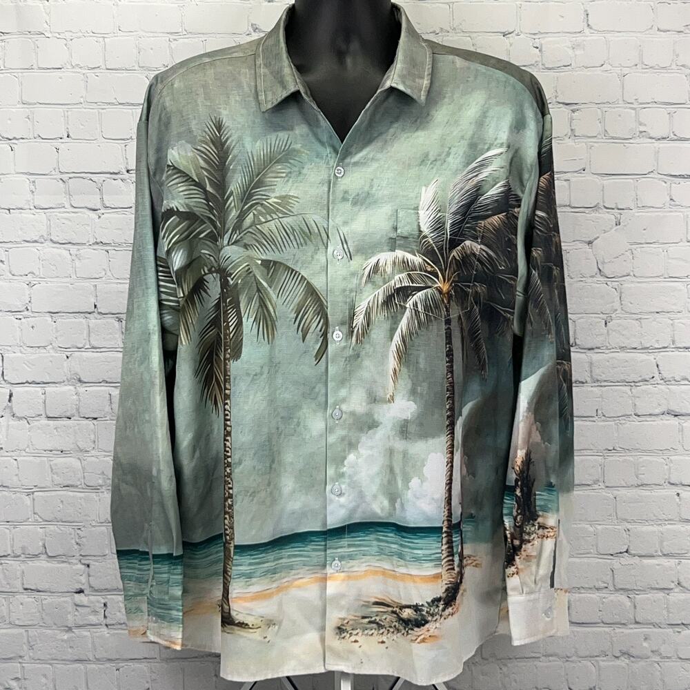 Hardaddy Hawaiian Shirt XL X-Large Green Palm Tree Beach Long Sleeve Button Down